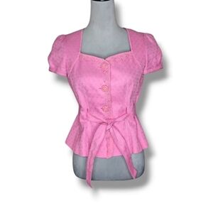 Pink Button Up Belted Lacy Top